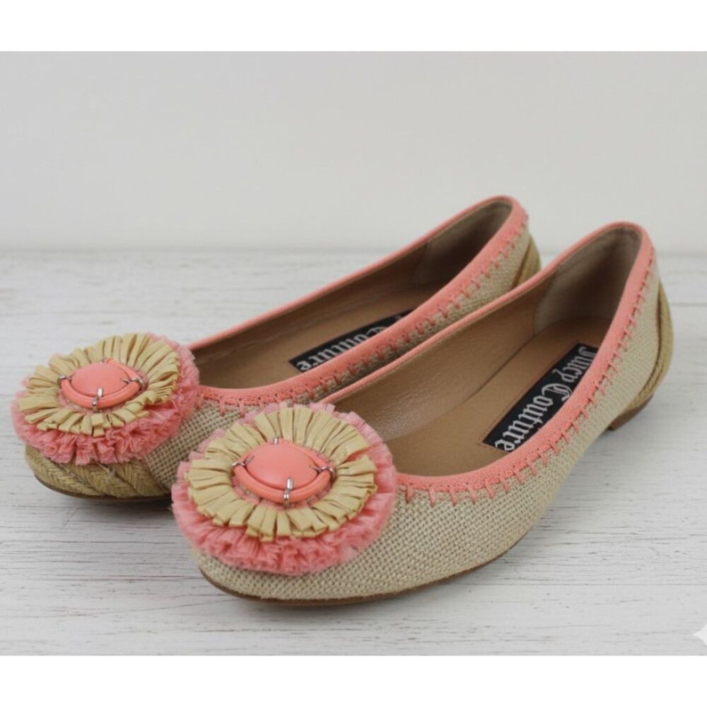 Juicy Couture Rayna Ballet Flats Y2K Straw Twill Floral Embellished Womens 6.5 M